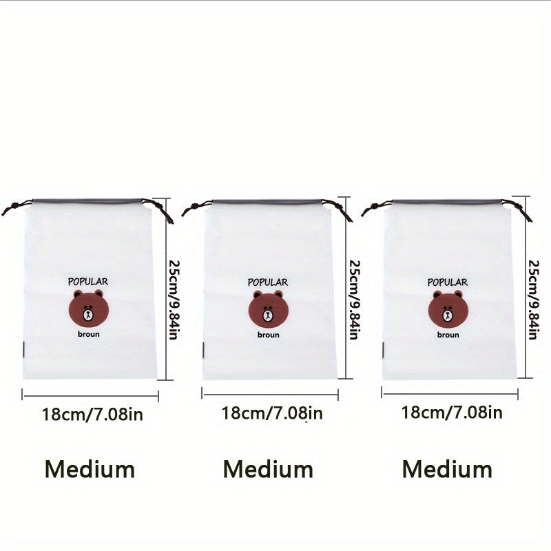 3 Pcs Bear Print Drawstring Storage Pouch Lightweight Shoes Bag