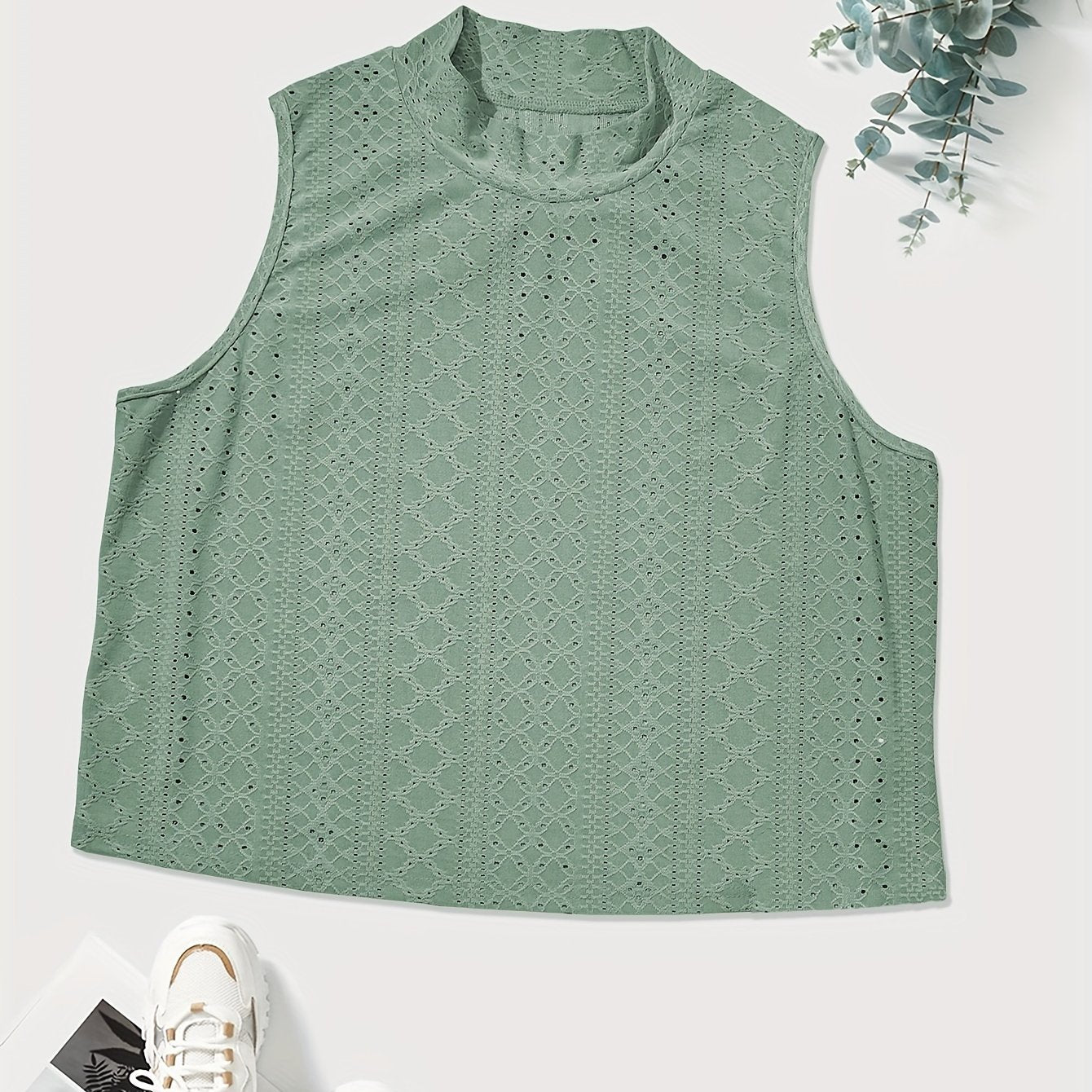  Solid Eyelet Embroidery Mock Neck Tank Top