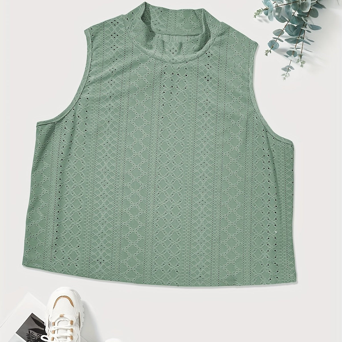  Solid Eyelet Embroidery Mock Neck Tank Top