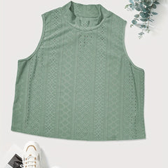  Solid Eyelet Embroidery Mock Neck Tank Top