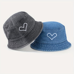 Heart Print Couple Bucket Hat Distressed Cotton Fisherman Cap