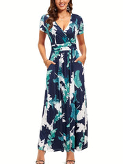  Tropical Print Short Sleeve Maxi Dress With Pockets