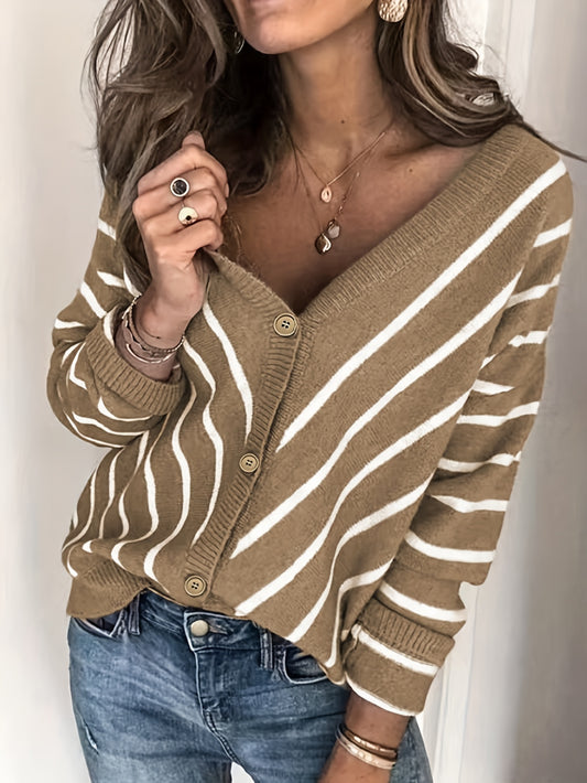  Stripe Print Button Up V Neck Cardigan