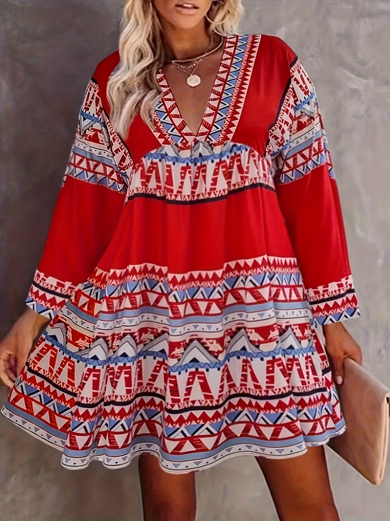 Women's Plus Geometric Print Long Sleeve V Neck A line Dress