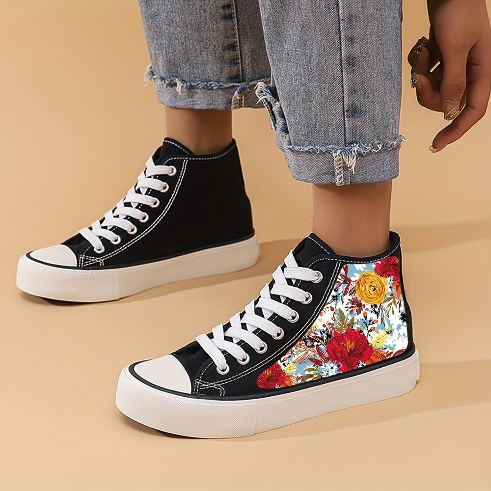 Floral Canvas High Top Shoes for Women Comfortable Lace Up Footwear