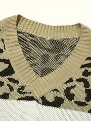  Colorblock Leopard Print V Neck Sweater