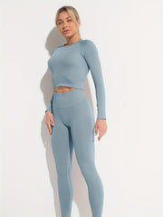 2PCS Women Yoga Set Seamless Workout Gym Long sleeve T shirt & Leggings