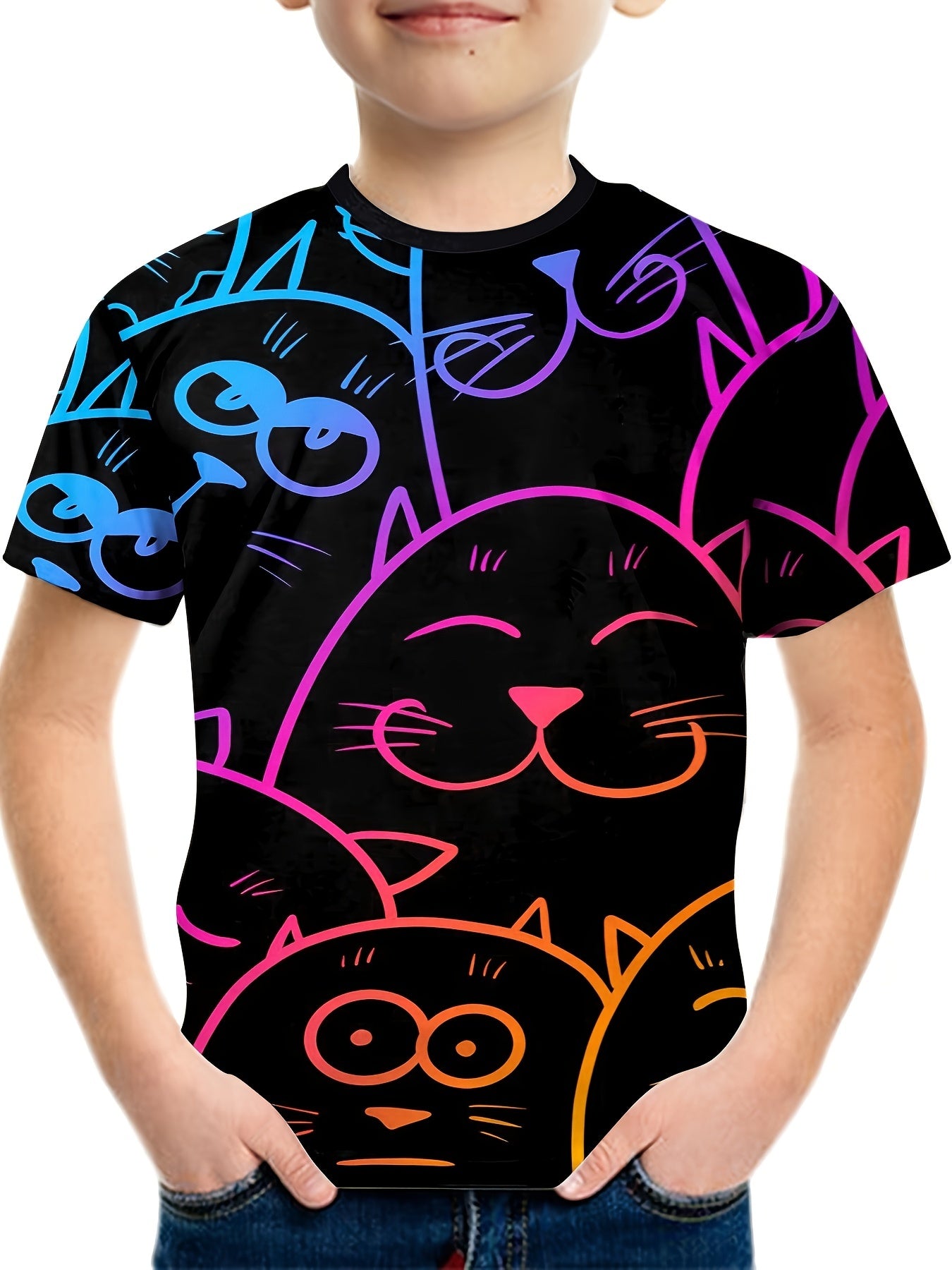 Cartoon Cat Gradient Line Print Boy's Casual Tees Short Sleeve T-shirt