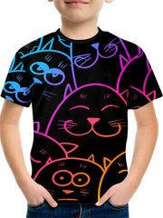 Cartoon Cat Gradient Line Print Boy's Casual Tees Short Sleeve T-shirt