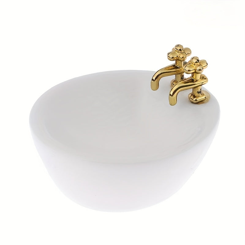 1pc Ceramic Mini Washbasin Sinks with Golden Faucets Dollhouse DIY Kit