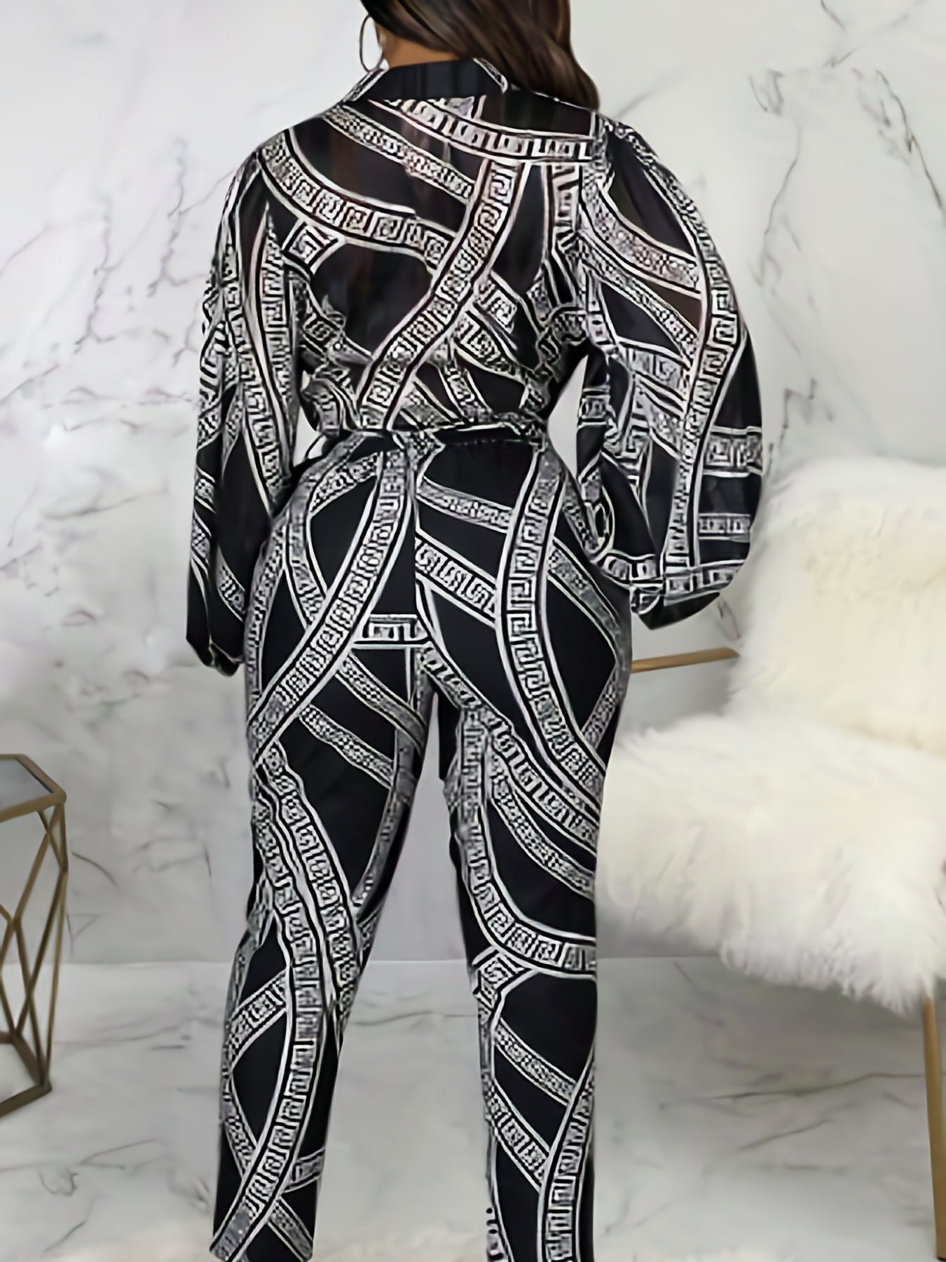  Greek Print Lantern Sleeve Jumpsuit