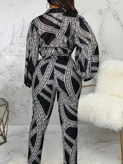  Greek Print Lantern Sleeve Jumpsuit
