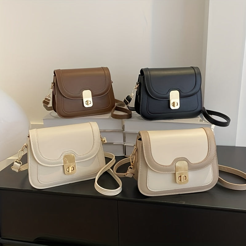 Colorblock Shoulder Bag with Turn Lock Flap - All Match Purse