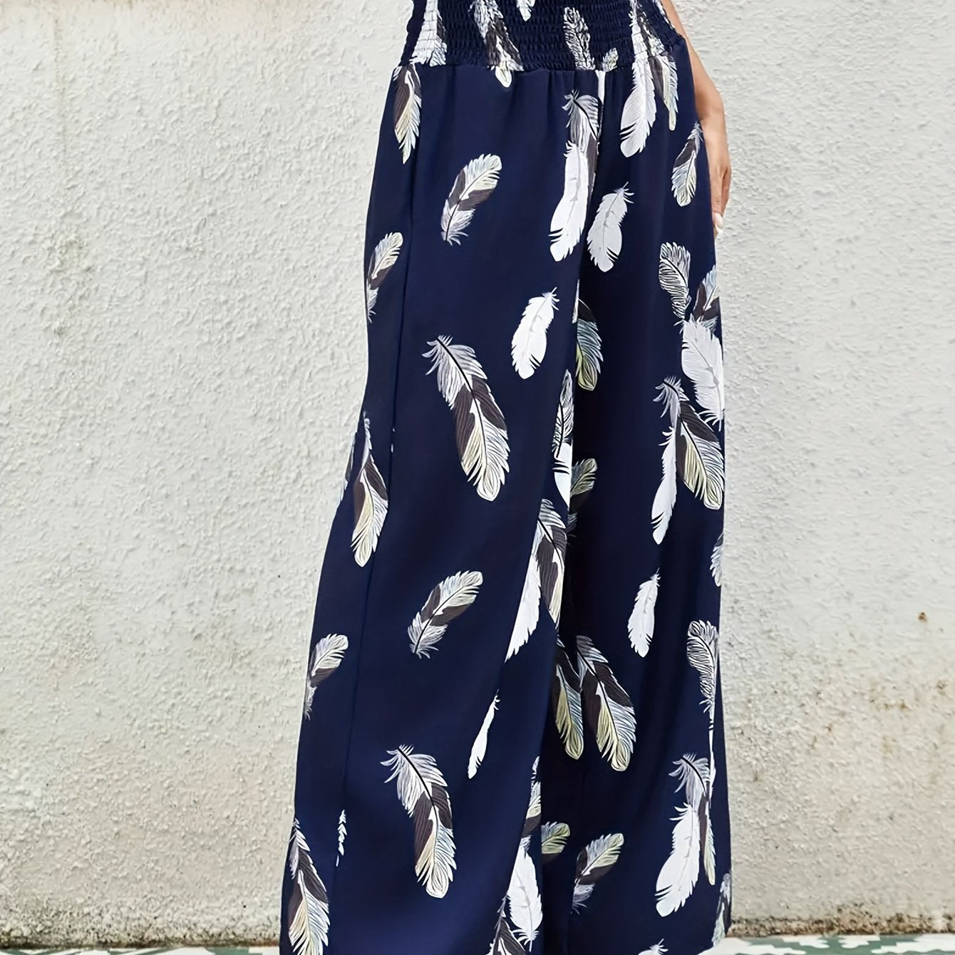  Feather Print Wide Leg Trousers