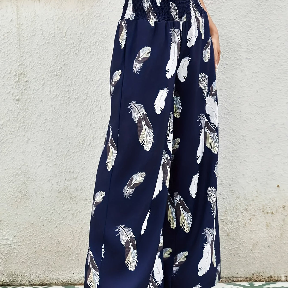  Feather Print Wide Leg Trousers