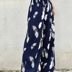 Feather Print Wide Leg Trousers