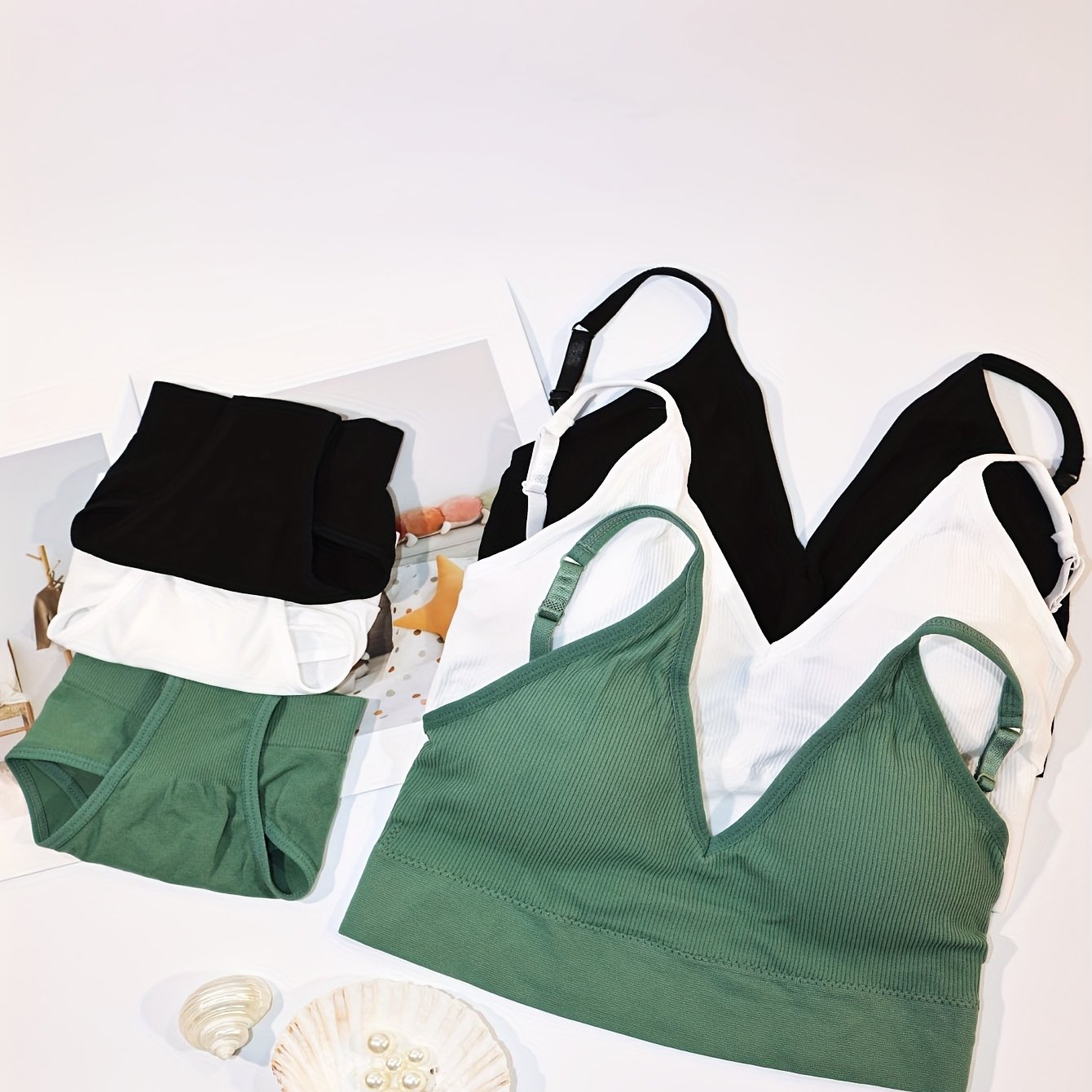 3 Sets Ribbed Bra & Panties Lingerie Set Women's Underwear