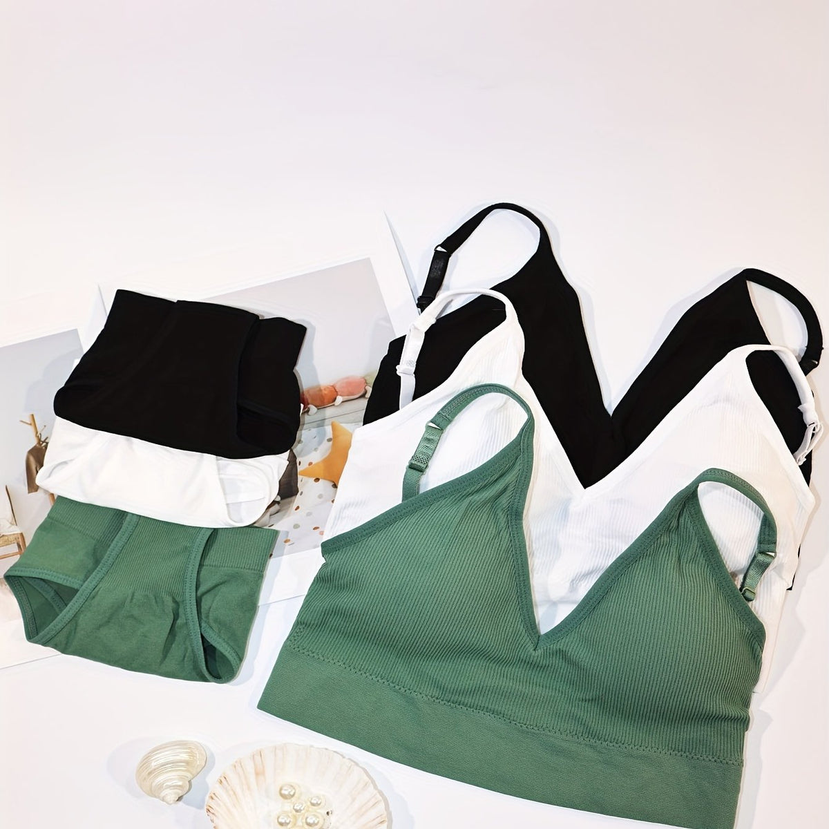 3 Sets Ribbed Bra & Panties Lingerie Set Women's Underwear