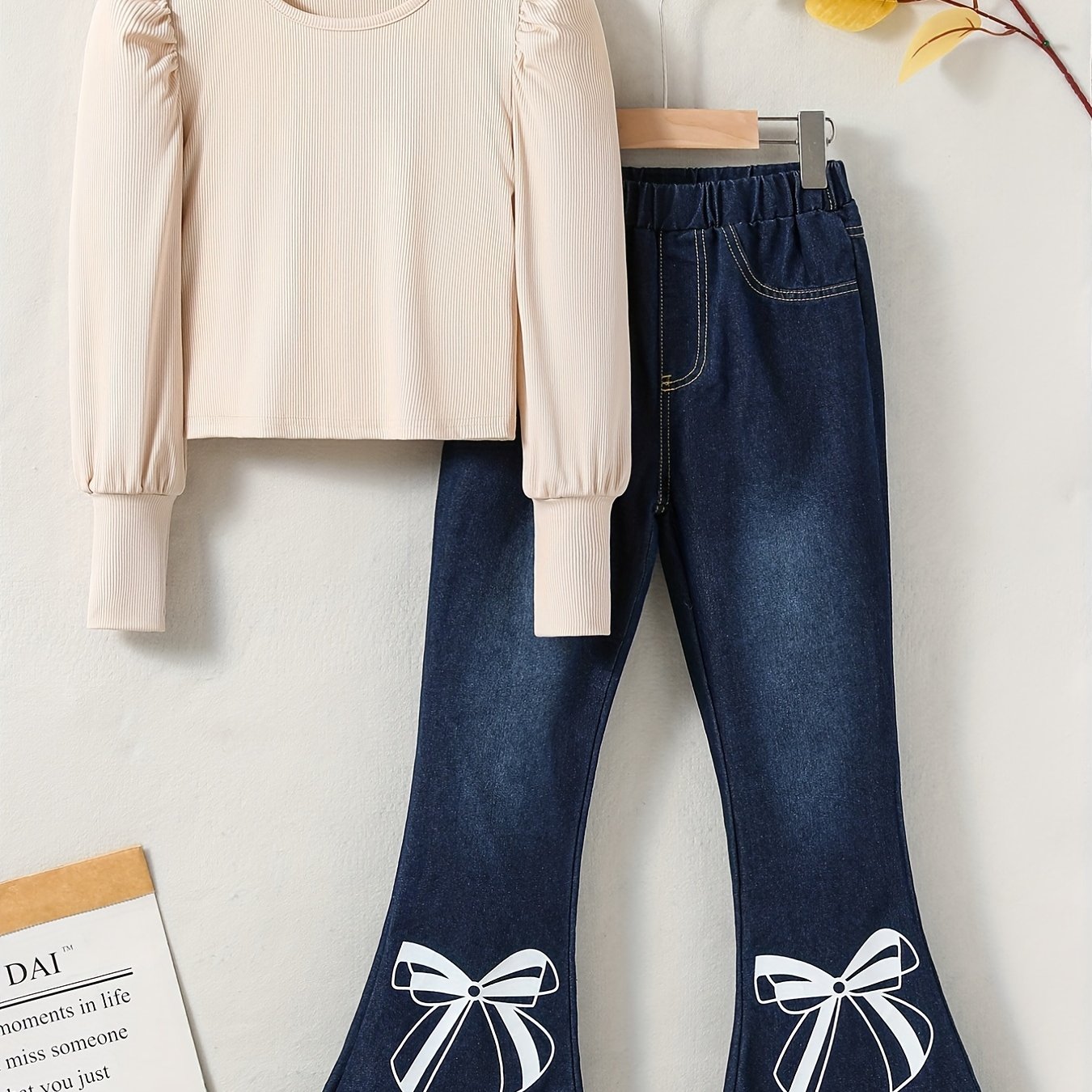 Girl's Denim Outfit 2pcs Top & Flared Jeans Set for Spring Fall