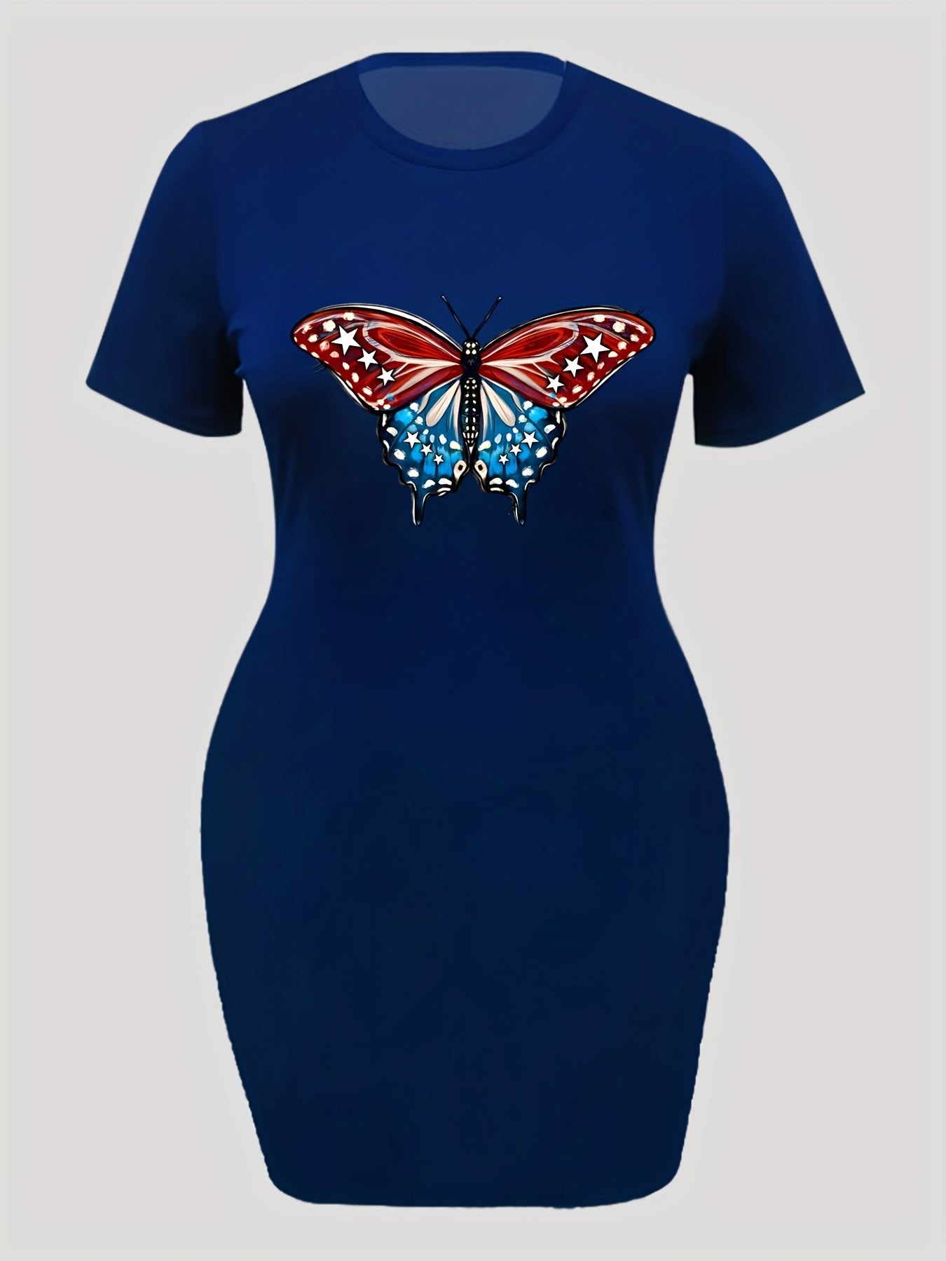  Butterfly Print Short Sleeve Round Neck Casual Dress