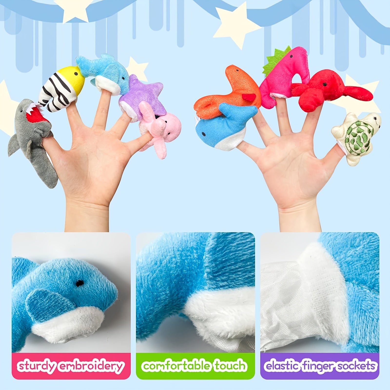 10pcs Soft Plush Finger Puppets Marine Animals with Expressive Eyes & Mouths