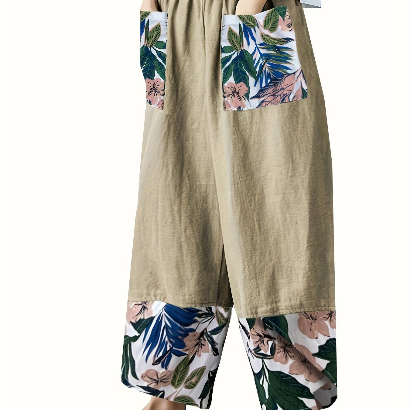  Colorblock Tropical Print Wide Leg Trousers