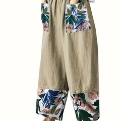  Colorblock Tropical Print Wide Leg Trousers