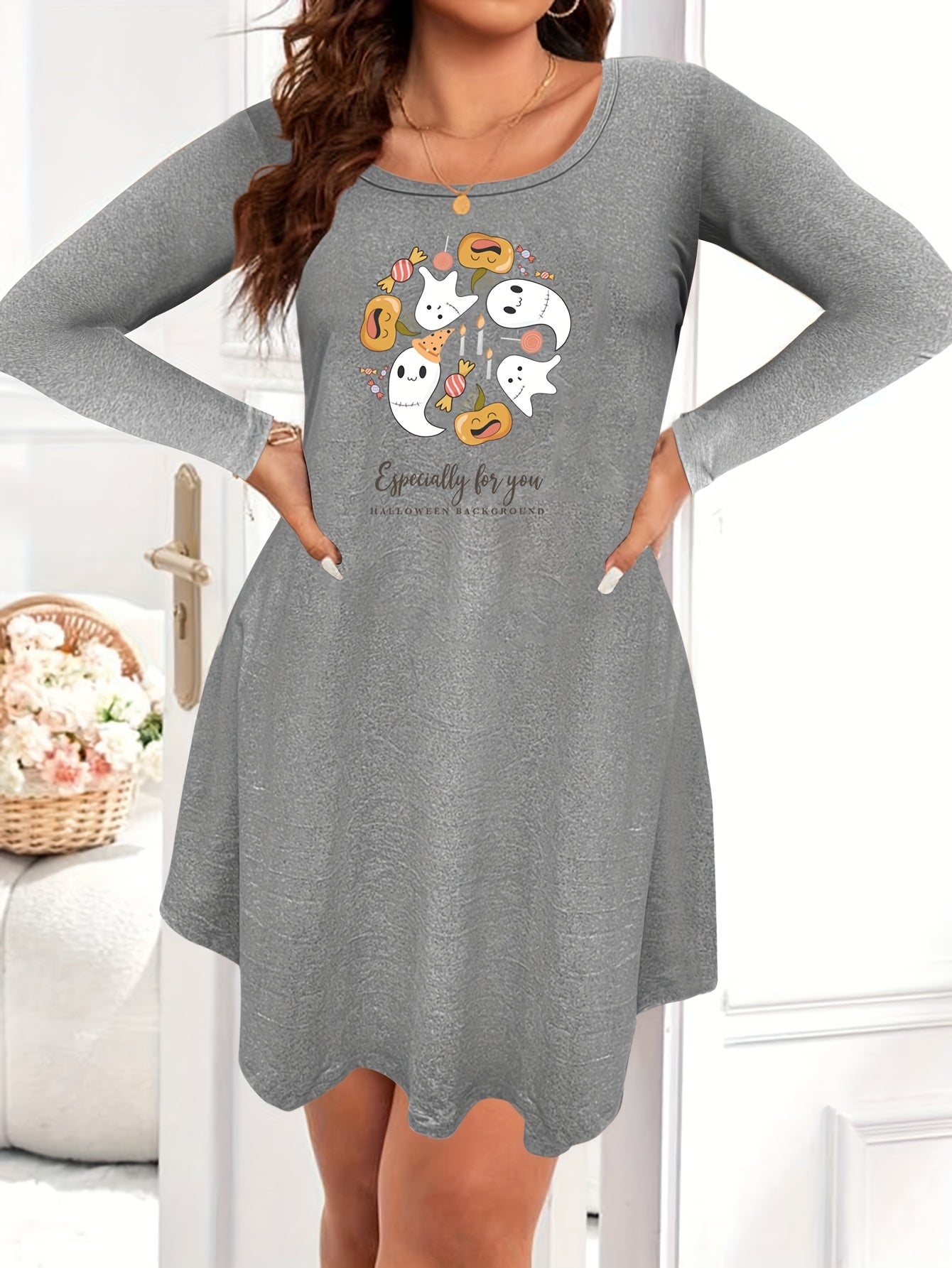  Cartoon Pumpkin & Ghost Print Long Sleeve Nightdress
