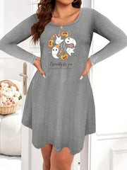  Cartoon Pumpkin & Ghost Print Long Sleeve Nightdress