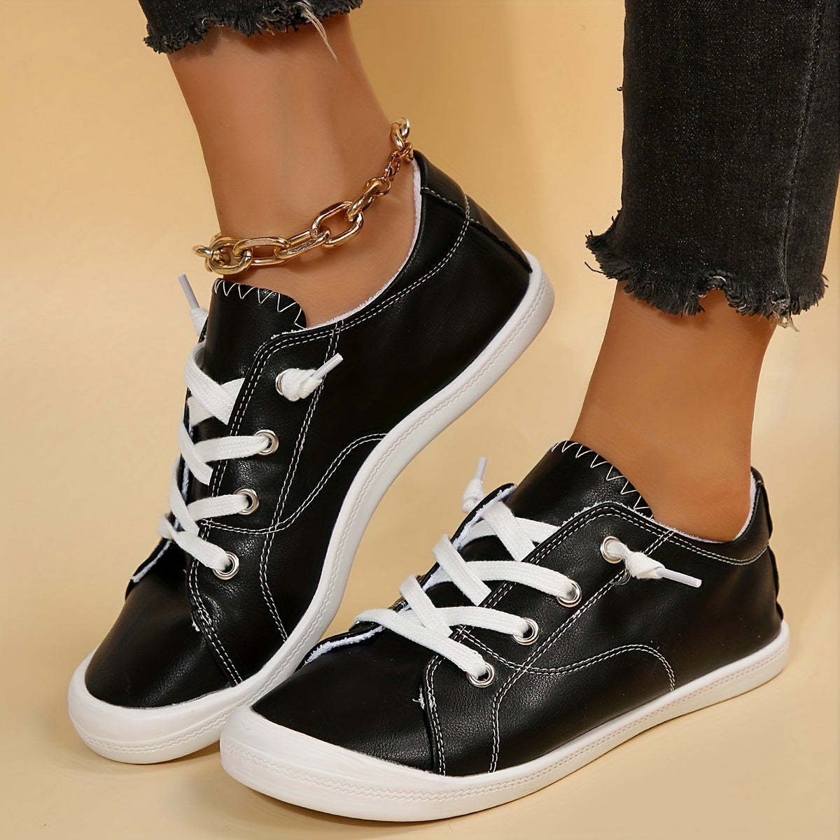 Women's Faux Leather Sneakers Causal Lace Up Outdoor Shoes