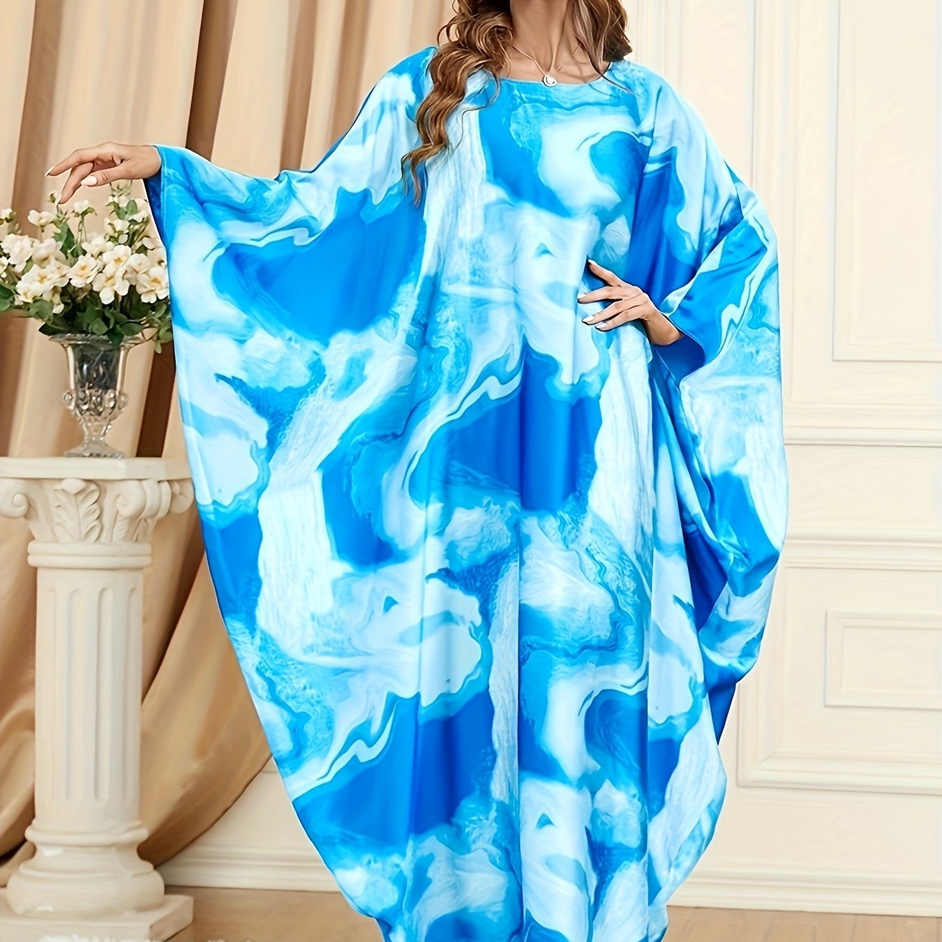 Casual Abaya Dress Women's Plus Print Bat Sleeve Maxi