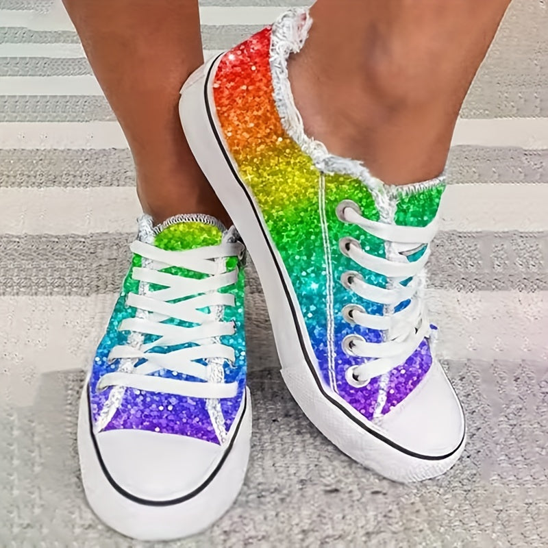 Glitter Rainbow Print Canvas Shoes Lace Up Outdoor Low Top Sneakers