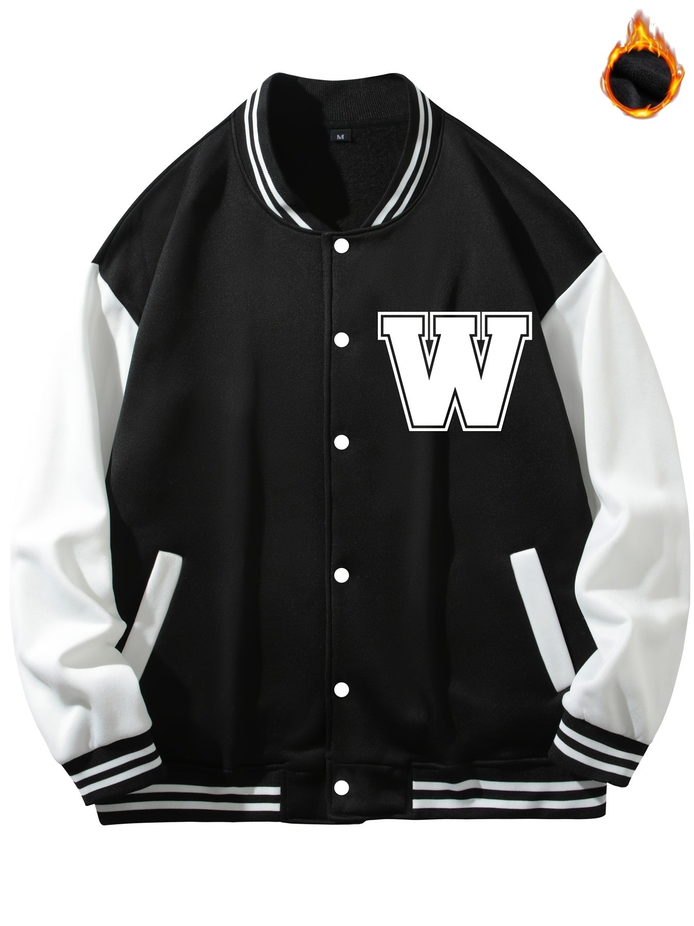 Men's Casual Baseball Jacket W Print Button Fleece Coat Block Outerwear Top