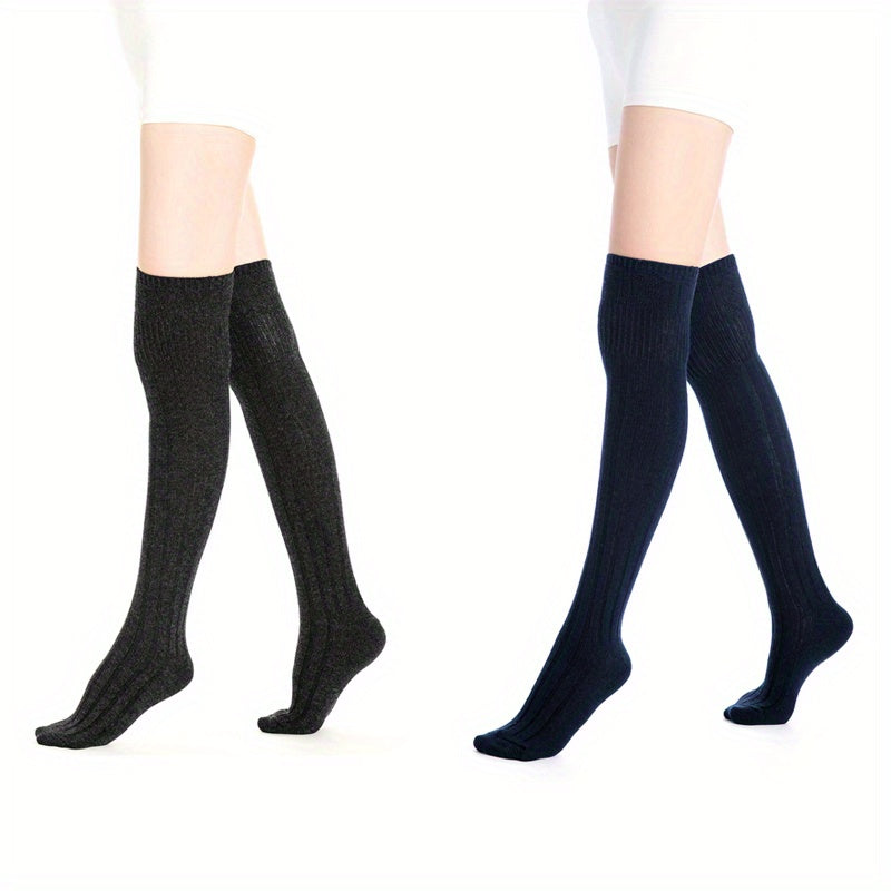 2 Pairs Knitted Thigh High Socks Solid Warm Over The Knee Socks