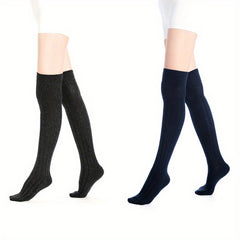 2 Pairs Knitted Thigh High Socks Solid Warm Over The Knee Socks