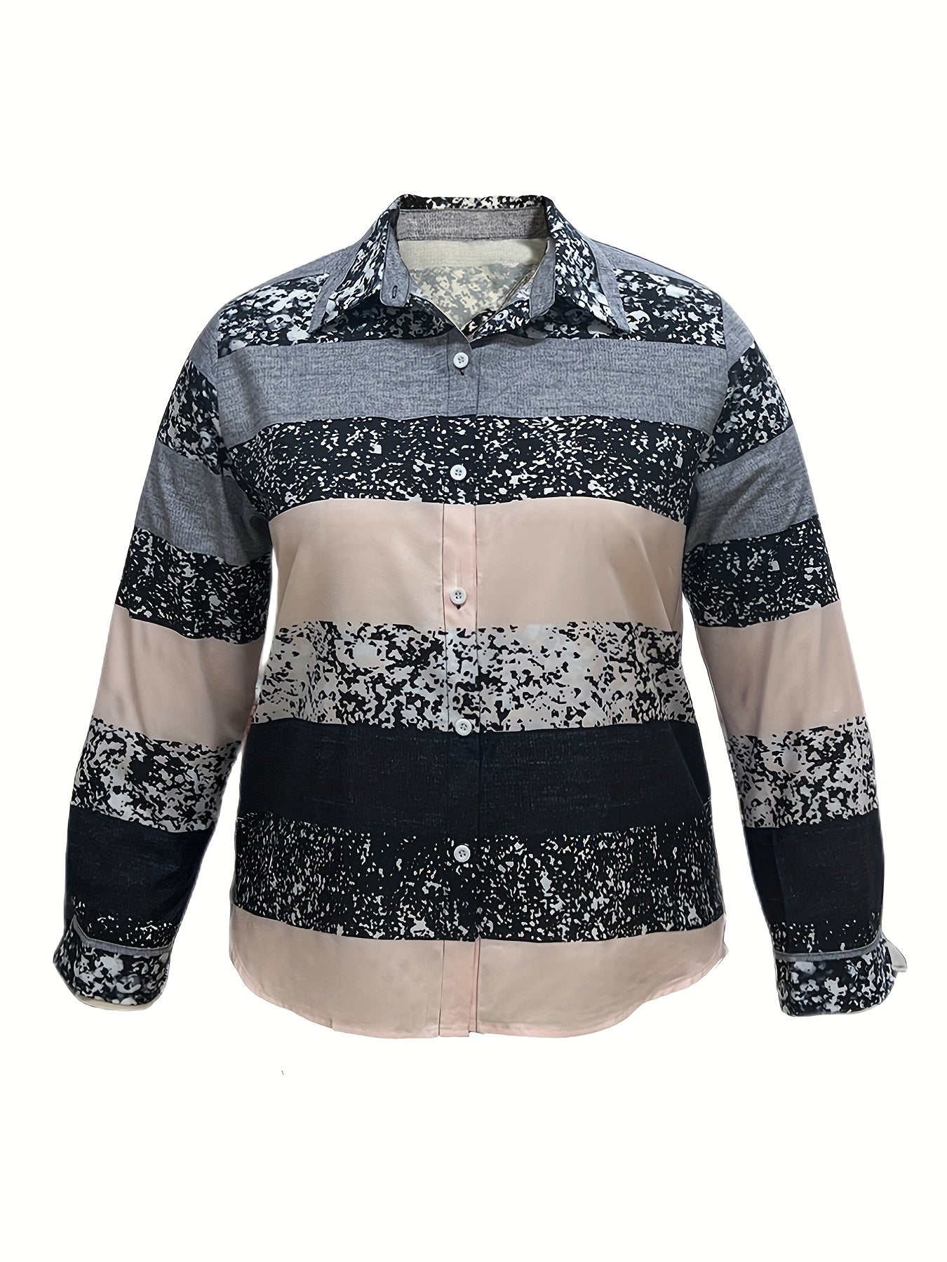  Colorblock Stripe Print Button Up Blouse