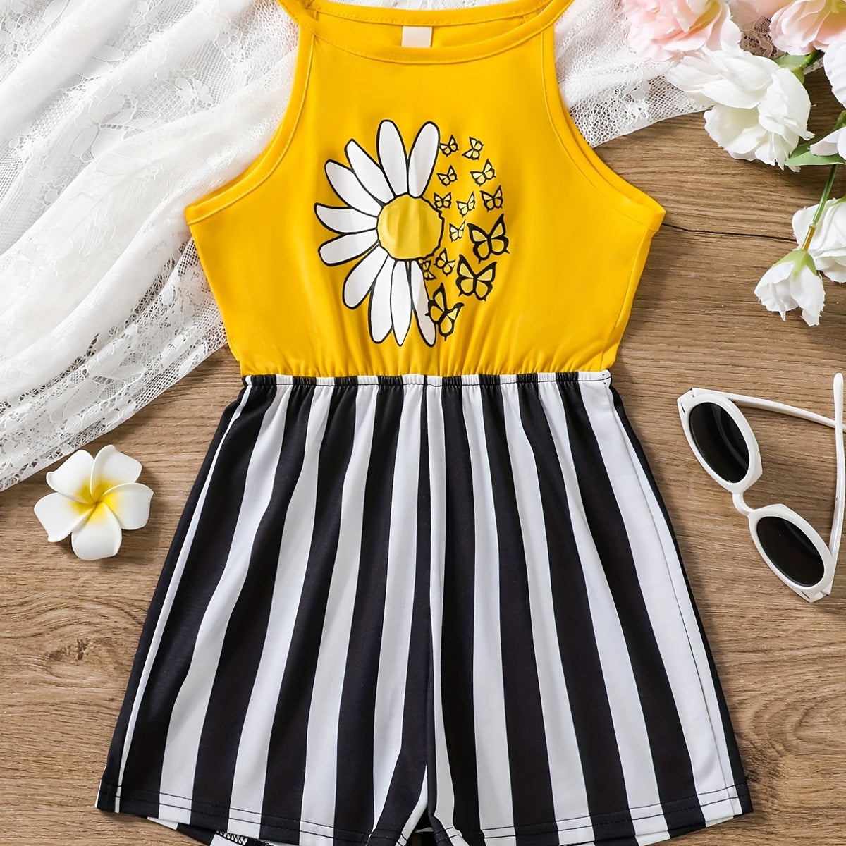 Girls Daisy & Butterfly Striped Halter Rompers for Beach Vacation