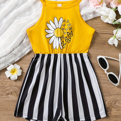 Girls Daisy & Butterfly Striped Halter Rompers for Beach Vacation