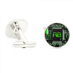 Circuit Board Photos Cufflinks Glass Gem Rhodium Plated Base Jewelry