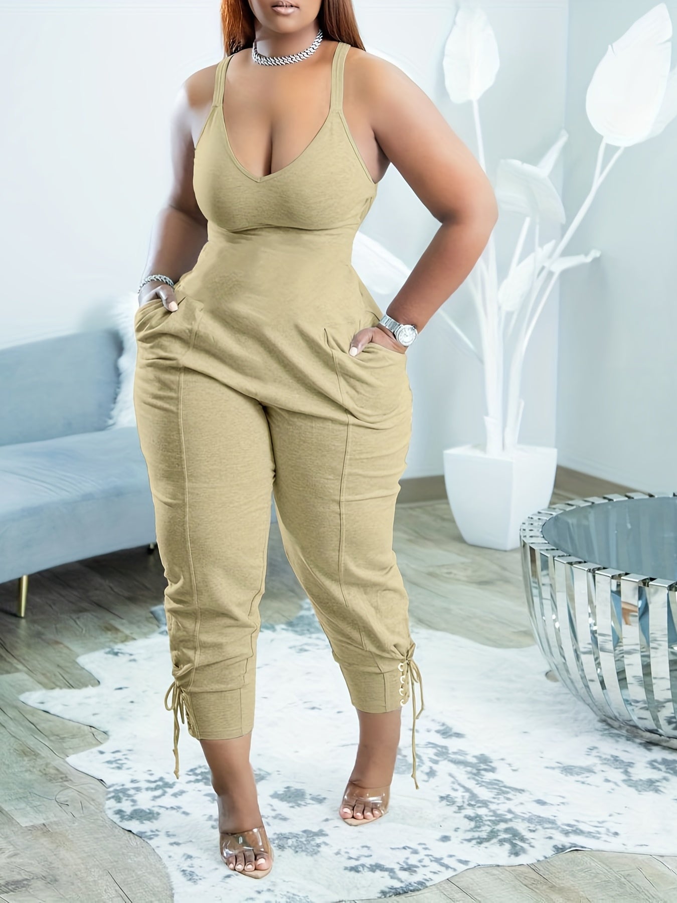 Patch Pocket Drawstring Jumpsuit Casual Sleeveless Jumpsuit