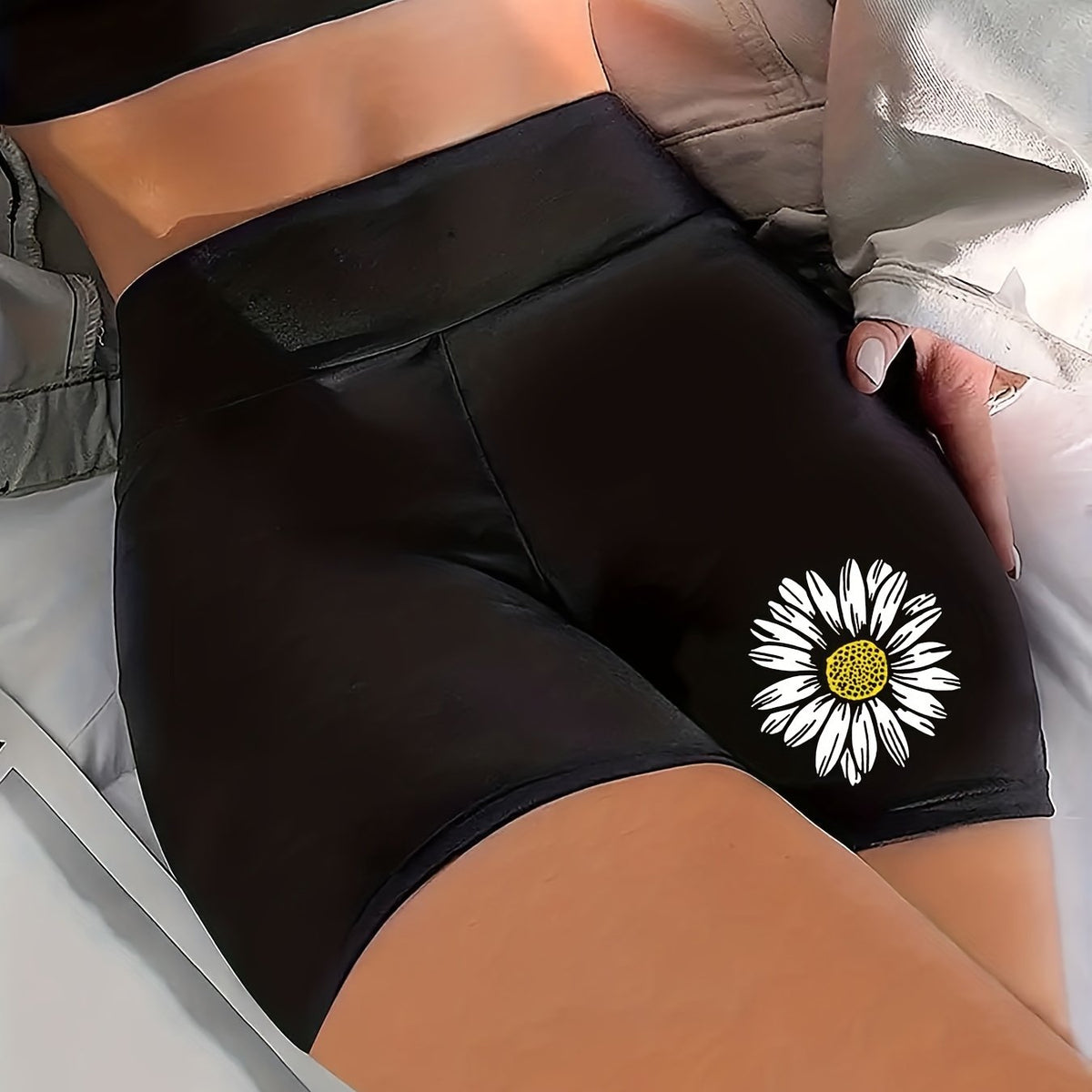 Flower Print High Rise Stretch Biker Shorts
