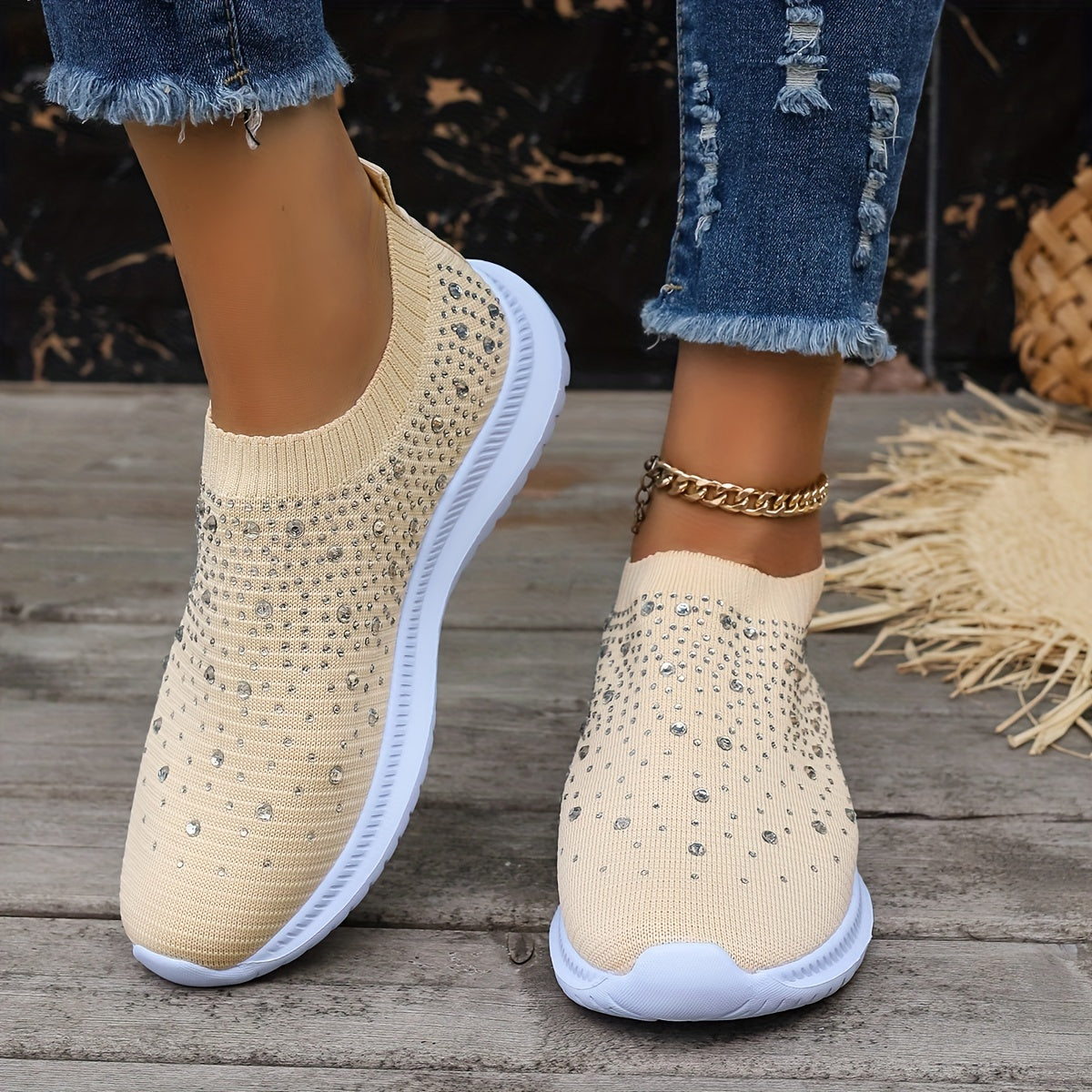Women's Rhinestone Slip on Sneakers Breathable Low Top Shoes