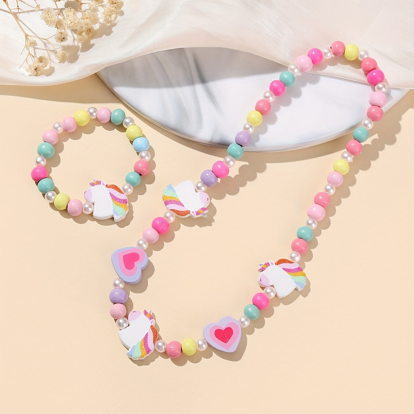 Pink Wood Fox Flower Beads Jewelry Set