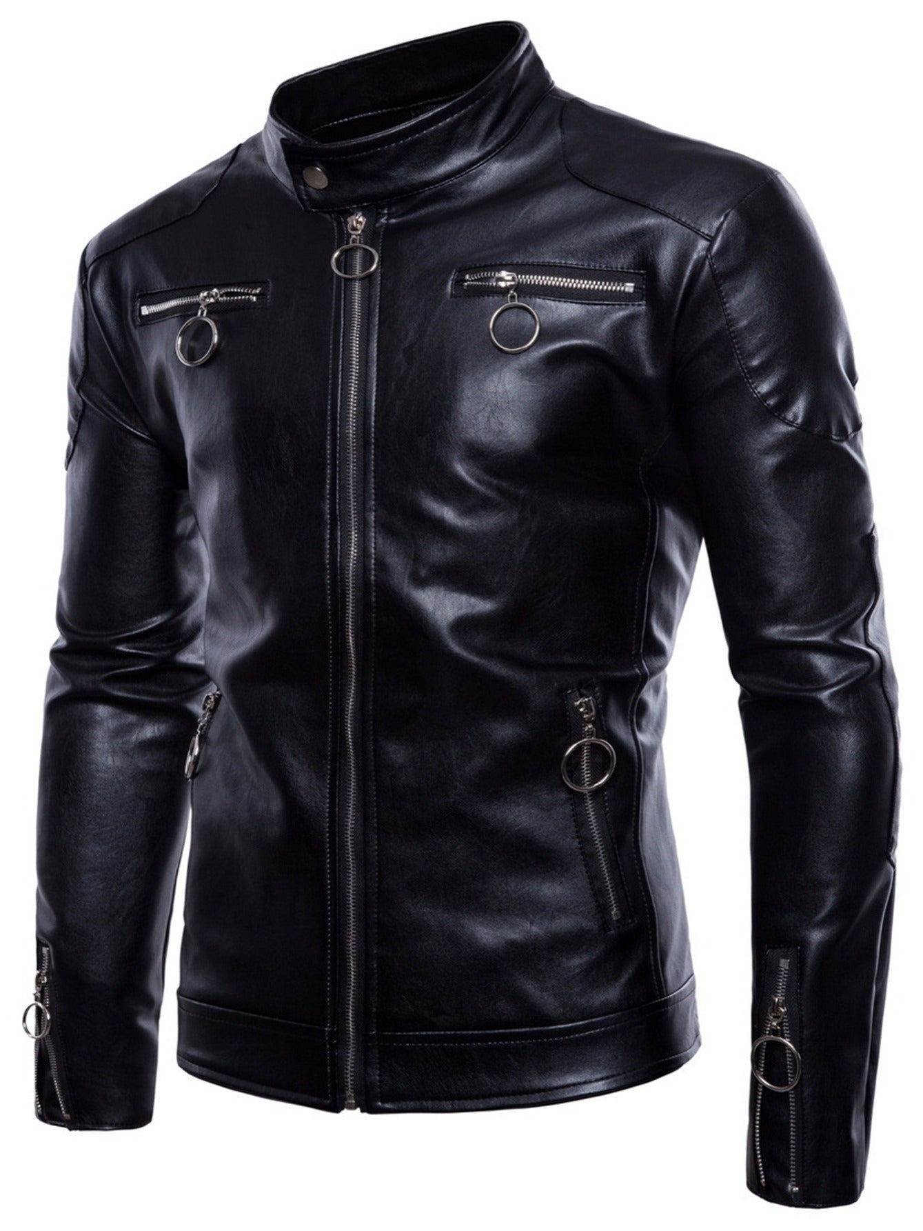 Men's Slim Fit PU Leather Jacket with Stand Collar