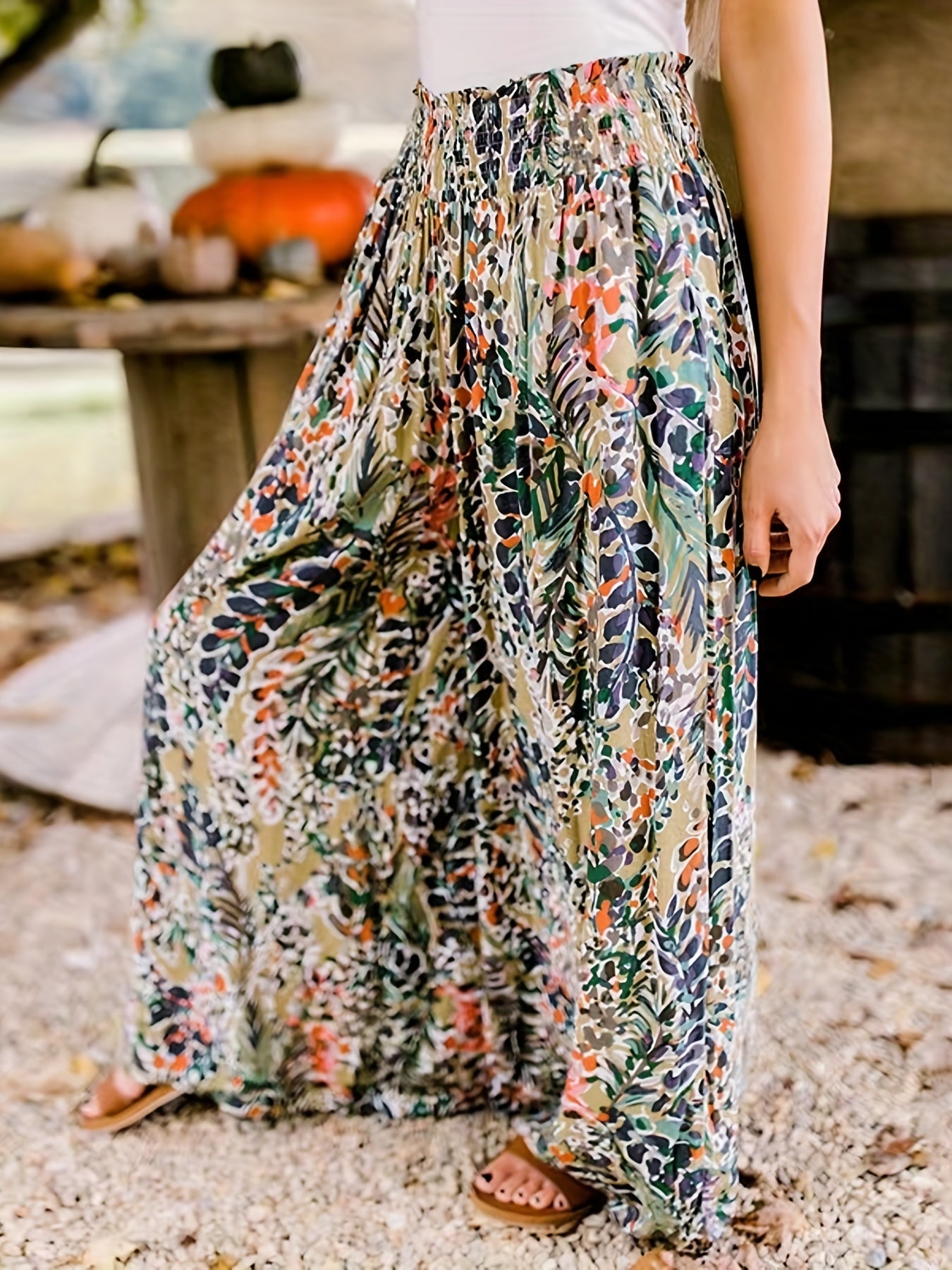  Leaf Print Shirred High Rise Wide Leg Pants