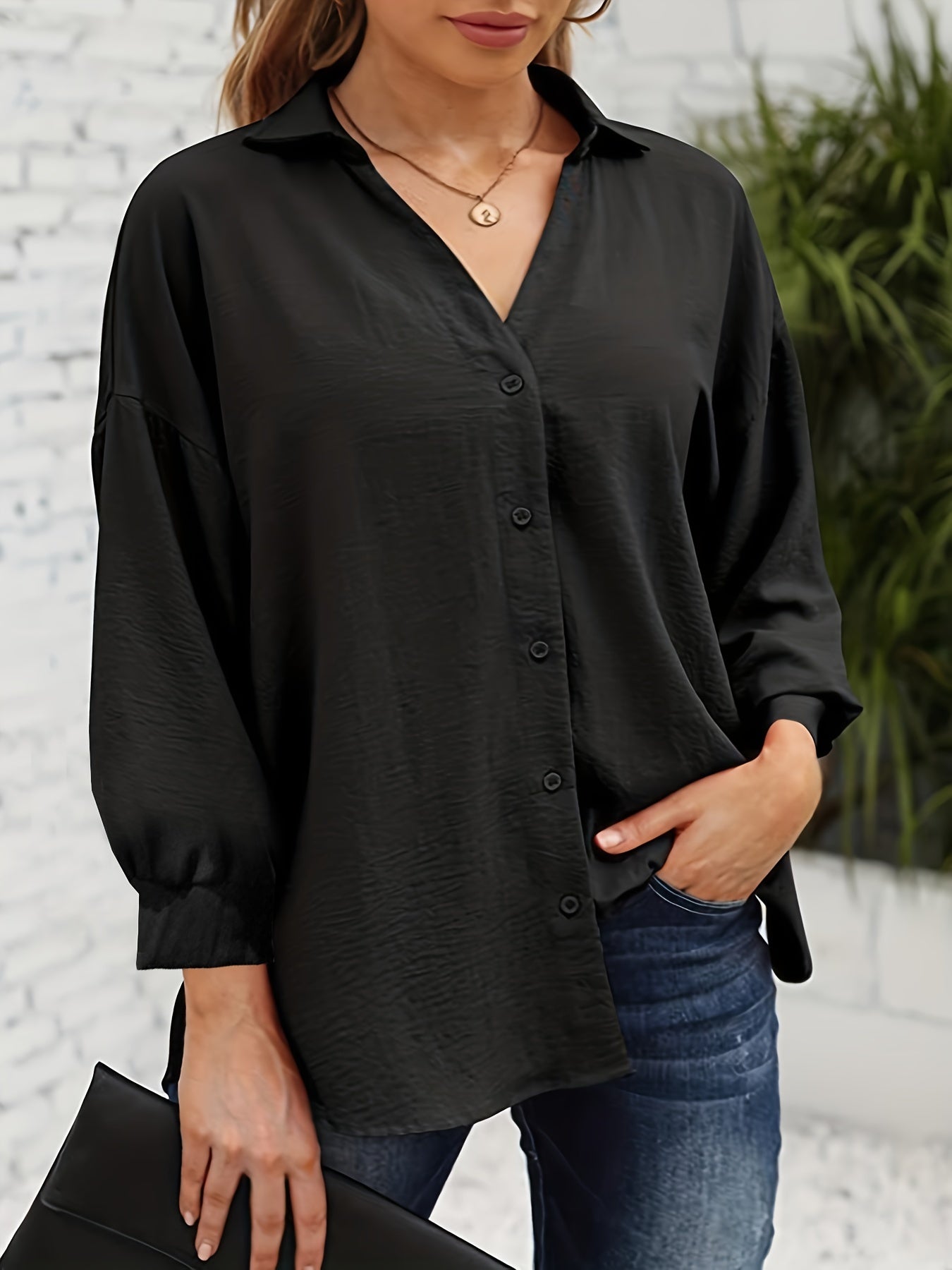  Lantern Sleeve Turn Down Collar Tunic Blouse