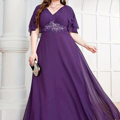  Floral Appliques Cape Sleeve Formal Dress