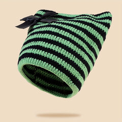 Y2K Striped Cat Ear Beanie Bow Knit Hat Hip Hop Elastic Skull Cap