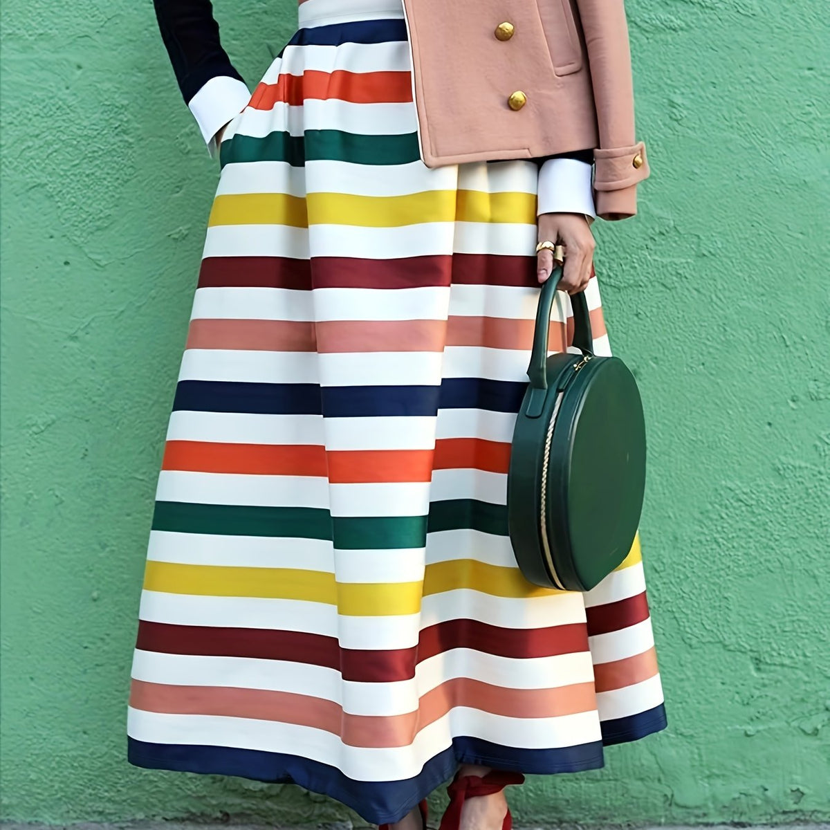  Boho Skirt Colorful Stripe Print High Rise Maxi Skirt With Pockets