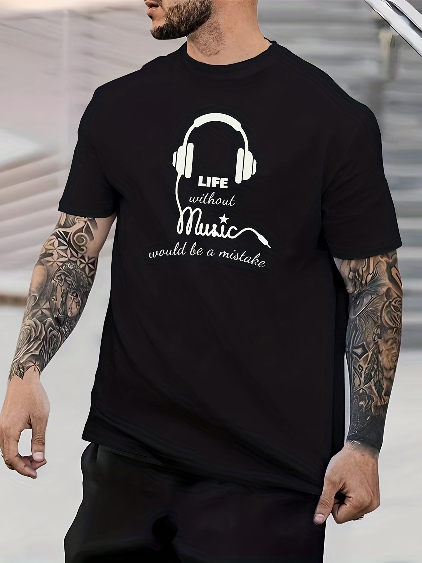 Headphone Smile Print Men's Graphic Crew Neck T-Shirt for Summer